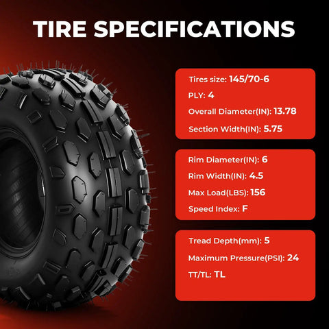 Close-up of Go Kart Tire Set 145/70-6 Tubeless 4 Ply showing tread pattern, red specs chart detailing tire dimensions and features.