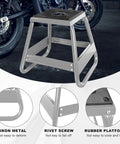Heavy Duty Dirt Bike Stand With 1000 Lb Capacity Universal Detachable Motorcycle Lift For Maintenance Built In Oil Drain Holes Non Slip Mat Easy To Assemble And Transport Compatible With Kawasaki Honda Yamaha And More, shown in iron metal with a rubber platform.