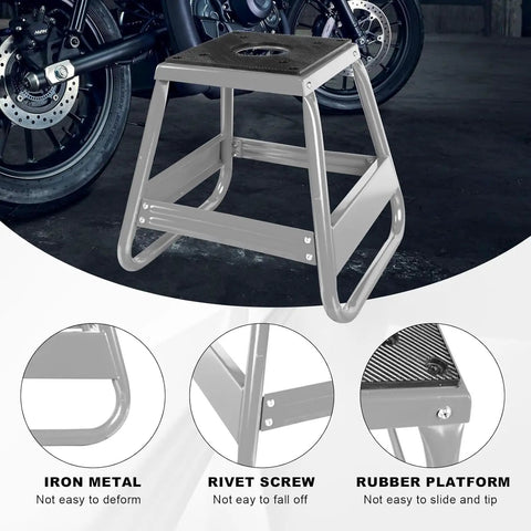Heavy Duty Dirt Bike Stand With 1000 Lb Capacity Universal Detachable Motorcycle Lift For Maintenance Built In Oil Drain Holes Non Slip Mat Easy To Assemble And Transport Compatible With Kawasaki Honda Yamaha And More, shown in iron metal with a rubber platform.