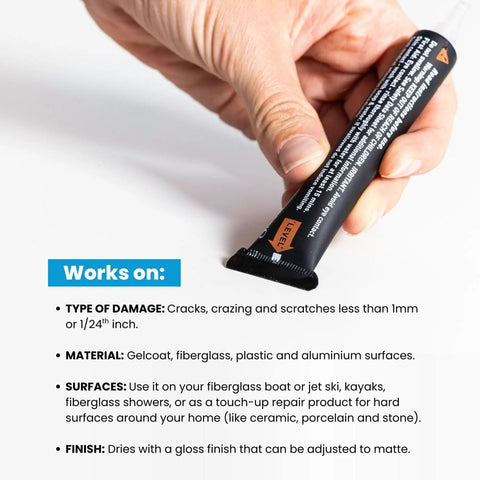 Person holding Hairline Fix For Gelcoat And Fiberglass Boats Easy Scratch Fix For Fine Cracks And Scratches Under 1 mm On Jet Skis And Yachts Oyster White Finish Marine Grade repair tube