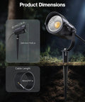 12W 2900K COB LED Low Voltage Landscape Spotlight With 36 Degree True Beam ETL Listed, dimensions and cable length