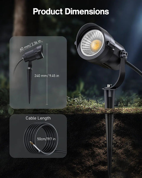 12W 2900K COB LED Low Voltage Landscape Spotlight With 36 Degree True Beam ETL Listed, dimensions and cable length