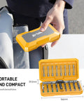 42 In 1 Magnetic Screwdriver Set With 8 45mm Heads And 32 25mm Bits shown compact in yellow case for easy storage