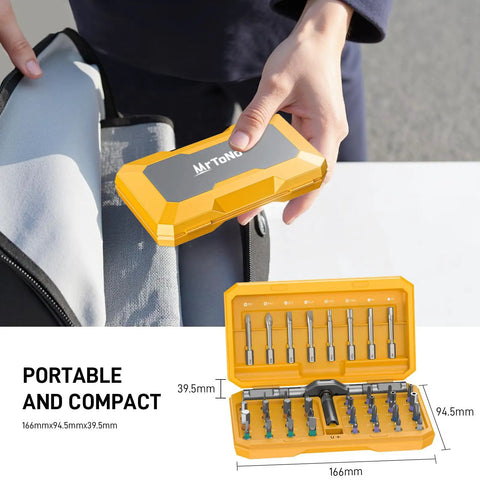 42 In 1 Magnetic Screwdriver Set With 8 45mm Heads And 32 25mm Bits shown compact in yellow case for easy storage