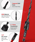 Pro Grade Heavy Duty Wood Countersink Drill Bit Set With Four Six Eight Ten Twelve Tapered Bits One Quarter Inch Hex Shank Plus Plug Cutters Allen Key And Depth Stop Collars For Precise Countersinking In Woodworking And Carpentry - Drill bit with tapered point, hex shank, and HSS material in detail