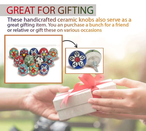 Assorted Ceramic Cabinet Knobs Set Of 12 With Chrome Hardware For Kitchen, Bathroom, And Furniture, shown as a gift.
