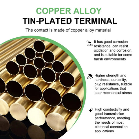 Copper alloy tin-plated terminal rods, noted for corrosion resistance and high strength, suitable for electronic connections.