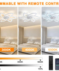 Low Profile Bladeless Ceiling Fan With Lights And Remote Control 6 Speed Wind 3 Color Temperatures Quiet Reversible DC Motor Flush Mount Smart Timing 66W White depicting three color temperature settings and remote control in bedroom setting.