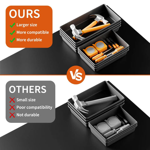 Comparison of Epic 69 Piece Tool Drawer Organizer Set In Five Sizes showing larger, compatible trays versus smaller alternatives.