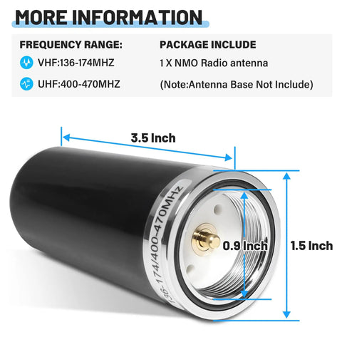 Dual Band GMRS NMO Mount Antenna For VHF 136-174 MHz And UHF 400-470 MHz, 3.5 Inch Low-Profile Design with dimensions