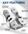 Close-up of a Hidden Door Hinge Set 0.63 By 2.76 Inch 2 Pack Built To Last Heavy Duty Invisible Hinges with labeled features including stainless steel bearing joint, wear-resistant brushed finish, welding point steel nails, quiet roller glide, countersunk screw hole, and thickened material.
