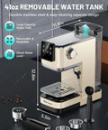 Pro Level Home Barista Vibes 20 Bar Espresso Maker With Swift Milk Frother And Bright LCD Screen showcasing removable water tank and size.
