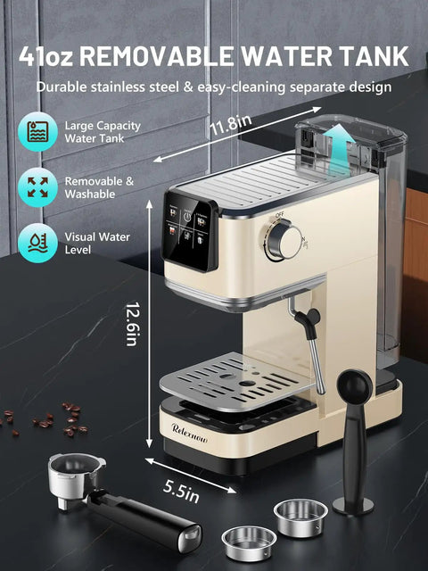Pro Level Home Barista Vibes 20 Bar Espresso Maker With Swift Milk Frother And Bright LCD Screen showcasing removable water tank and size.