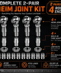 Built Tough Three Quarter Inch Heim Joint Rod End Kit With 4130 Chromoly Bodies And 52100 Steel Balls showing 4 heim joints and accessories.