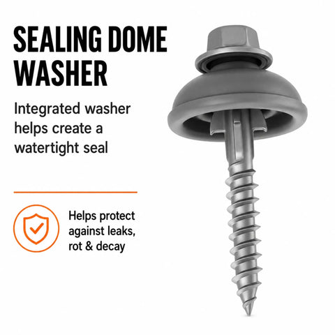 Heavy Duty Polycarbonate Self Drilling Wood Screws Two Inch Outdoor Fasteners With Sealing Dome Washers showing integrated waterproof seal.