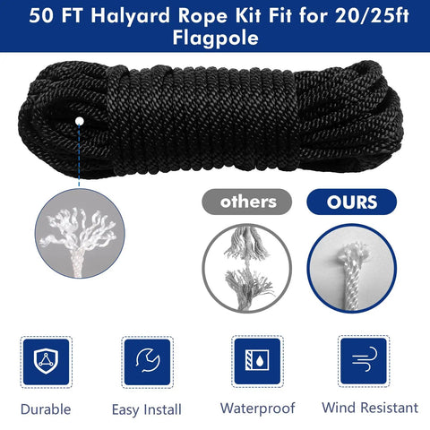Flagpole Pro Grade Heavy Duty Hardware Repair Kit With 50 Ft Halyard Rope 3 Inch Gold Ball Topper 6 Inch Zinc Alloy Cleat Four Metal Swivel Snap Clips And Aluminum Flagpole Truck For 2 Inch Diameter Poles, black 50 ft rope