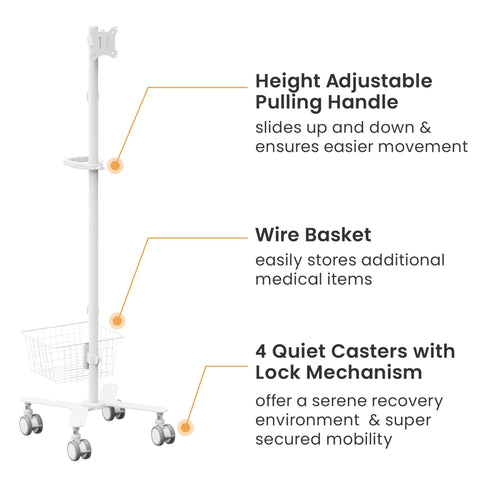 Height Adjustable Mobile Medical Monitor Cart On Wheels With Basket Storage, Supports 17 To 32 Inch Monitors Up To 20 Lbs