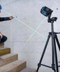 Rechargeable Self Leveling Cross Line Laser With Dual Power Options AA Batteries Or Li Ion Pack IP55 Rugged Jobsite Ready on tripod