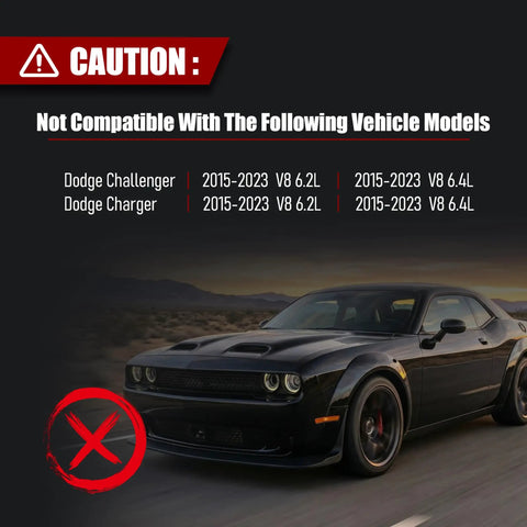 Caution sign for engine coolant compatibility with Dodge Charger and Challenger models 2015-2023 V8 6.2L and 6.4L.