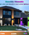 Lit RGB Outdoor Wall Lights With RF Remote illuminating a house facade, showing color changing and tunable white light options.
