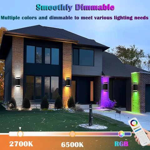 Lit RGB Outdoor Wall Lights With RF Remote illuminating a house facade, showing color changing and tunable white light options.