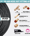 Boeray 50ft 1/4 in air hose kit with brass DOT fittings, 11 pcs, includes tee, elbows, Schrader valves, cutter, tape