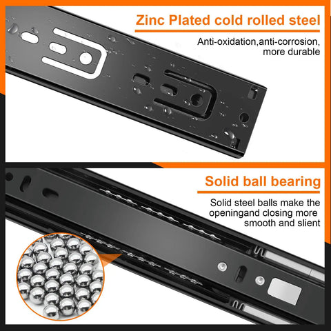 14 Inch Heavy Duty Drawer Slides 6 Pairs Soft Close Full Extension Side Mount Cabinet Rails Black with zinc plated steel and ball bearings.