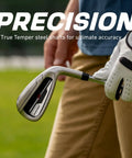 Golfer holding iron from M5 Mens Golf Set With Driver Fairway Wood Hybrid Irons 5 PW Putter Stand Bag And 3 Headcovers All Graphite Shafts For Right Or Left Hand Regular Or Tall Game Ready Golf Kit