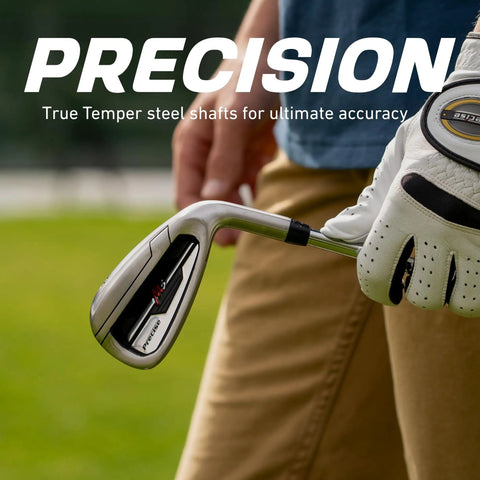 Golfer holding iron from M5 Mens Golf Set With Driver Fairway Wood Hybrid Irons 5 PW Putter Stand Bag And 3 Headcovers All Graphite Shafts For Right Or Left Hand Regular Or Tall Game Ready Golf Kit