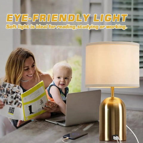Woman and child with laptop beside Nightstand Table Lamp With Two USB Ports, 3-Way Dimmable Touch Control, Black Star Design, LED Bulb