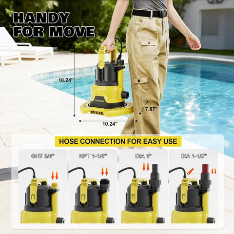 Badass Heavy Duty 1HP Submersible Pool Cover Pump With Detachable Base And Dual Outlets 3500 GPH Sump Drain Pump beside a swimming pool.