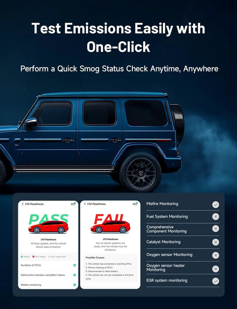 Bluetooth OBD2 Scanner With Bi-Directional Control For iOS And Android, showcasing vehicle diagnostics and smog check features