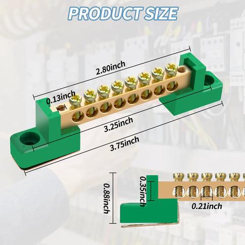 Go-To Grounding Bus Bar Kit, 4 Pack With Eight-Position Brass Terminal Blocks For Electrical Panels, 3.75-inch size shown