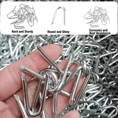 Close-up of Pro Grade 220 Piece Heavy Duty Fencing Staples Kit, U Shaped Wire Nails For Mesh, Chain Link, And Woven Fence.