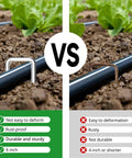 Comparison of Heavy Duty 6 Inch Garden Stakes With Beveled Ends, 11 Gauge Galvanized Steel versus thinner rustier staples in soil.