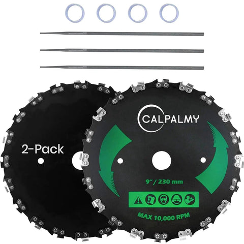 2 Pack 9 Inch 20 Tooth Brush Blades For Trimmers And Brush Cutters, Heavy Duty Carbon Steel Round Chainsaw Style Blades With 3 Round Files And 4 Washers, Replacement Kit For String Trimmers, Fits Most Gas Or Electric Straight Shaft Units