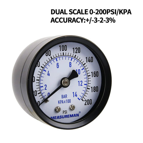Dual scale black steel case well pump pressure gauge with 2-inch dial, displaying 0-200 psi/bar, for DIY water testing accuracy.