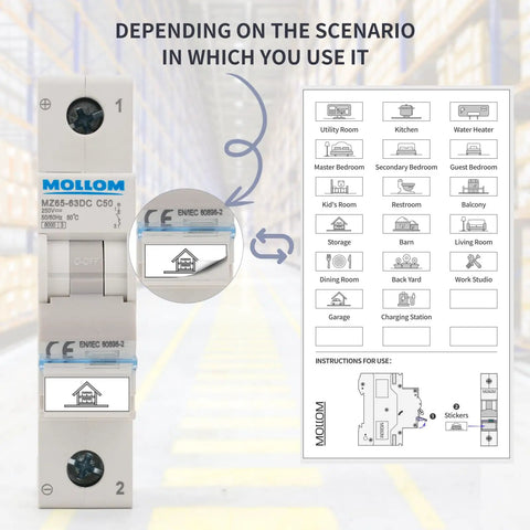 1 Pole 110-240V 6A Miniature Circuit Breaker, Thermal Magnetic Trip, detailed schematic and installation guide displayed