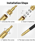 Red Laser Crossbow Bore Sight For Bow And Crossbow Arrows Threaded Sighting Tool installation steps with battery insertion