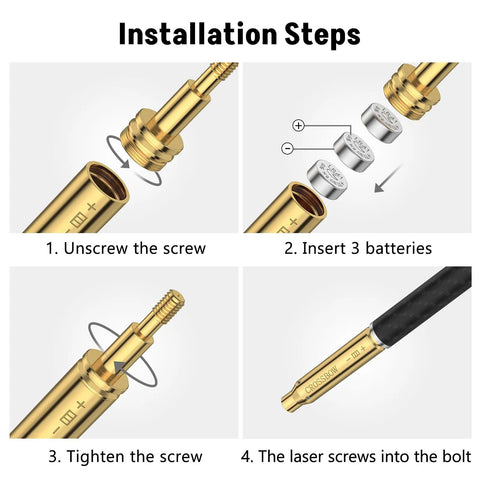 Red Laser Crossbow Bore Sight For Bow And Crossbow Arrows Threaded Sighting Tool installation steps with battery insertion