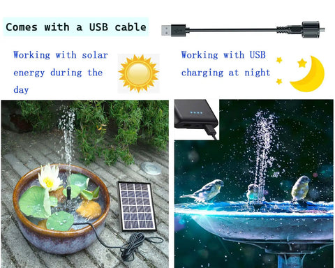 Solar Powered Bird Bath Fountain Pump With USB Charging Plug And Play Direct Sun Operation in bird bath and small pond settings