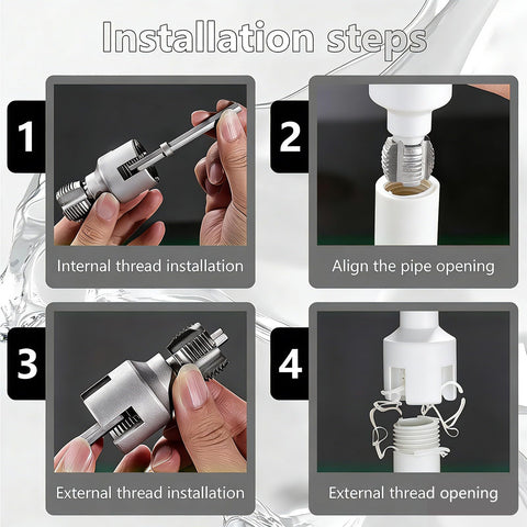 Installation steps for Dual Function PVC Pipe Threader Kit showing internal and external threading on PVC pipe