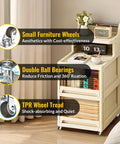 1.5 Inch Heavy Duty Furniture Caster Wheels Set of 4 Rubber No Squeak Swivel Castors With Ball Bearing For Quiet Roll Up To 200 Pounds, shown on a beige storage unit in a room
