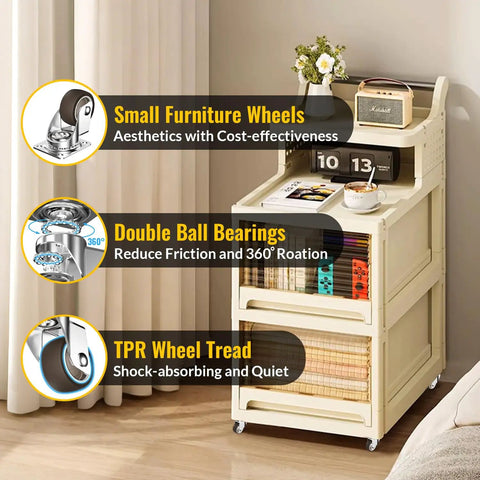 1.5 Inch Heavy Duty Furniture Caster Wheels Set of 4 Rubber No Squeak Swivel Castors With Ball Bearing For Quiet Roll Up To 200 Pounds, shown on a beige storage unit in a room