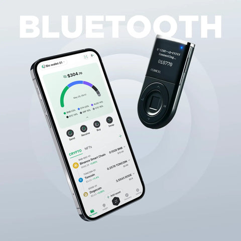 Secure Your Crypto Stash With This Top Shelf Biometric Hardware Wallet Featuring Certified Security Chip Fingerprint Authentication Bluetooth Sync And Rock Solid Offline Cold Storage, showcasing mobile app and wallet device.