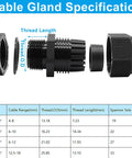 Exploded view of Rugged One Half Inch NPT Cable Glands Set in Black Nylon Waterproof Adjustable Strain Relief Cord Grips with specifications chart