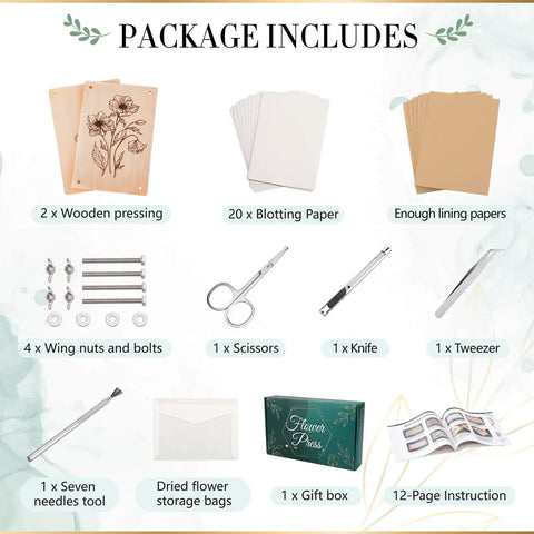 Package contents of the 6 Layer Flower Press Kit For Adults With About 12 By 7 Inch Plates To Press Flowers Leaves And Herbs DIY Flower Preservation For Bookmarks Weddings And Arts Craft Gifts Dope Gift