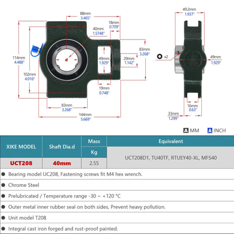 2 Pack UCT208-25 Pillow Block Take-Up Mounted Ball Bearings with dimensions and specifications displayed