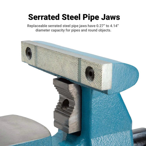Heavy Duty Reversible Bench Vise With Dual Jaw Configurations 6.5 Inch Jaw Width And 6.7 To 10.8 Inch Jaw Opening, serrated steel pipe jaws