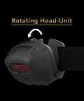 Side view of Quad 4 LED Tactical Headlamp With Focused Wide Beam And Multiple Modes for outdoor use, showing rotating head-unit.
